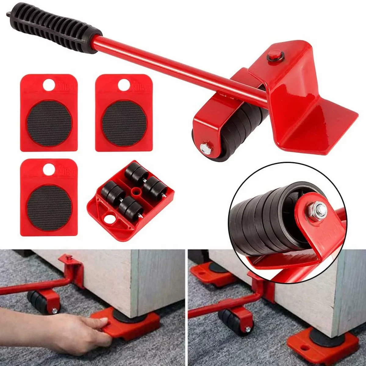 Furniture Easy Moving Tools, Furniture Moving Tool Heavy Object Mover Furniture Transport Lifter & Furniture Slides 4 Wheeled Mover Roller+ 1 Wheel Bar Hand Tools Set, Furniture Lifter Mover Tool Set Furniture Lifting Wheels (5PCS)