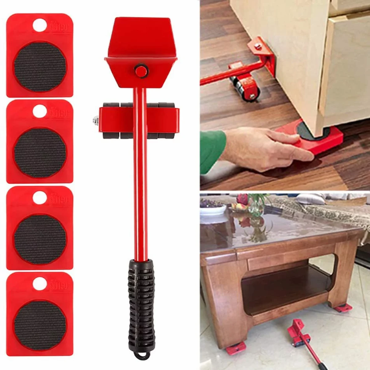 Furniture Easy Moving Tools, Furniture Moving Tool Heavy Object Mover Furniture Transport Lifter & Furniture Slides 4 Wheeled Mover Roller+ 1 Wheel Bar Hand Tools Set, Furniture Lifter Mover Tool Set Furniture Lifting Wheels (5PCS)