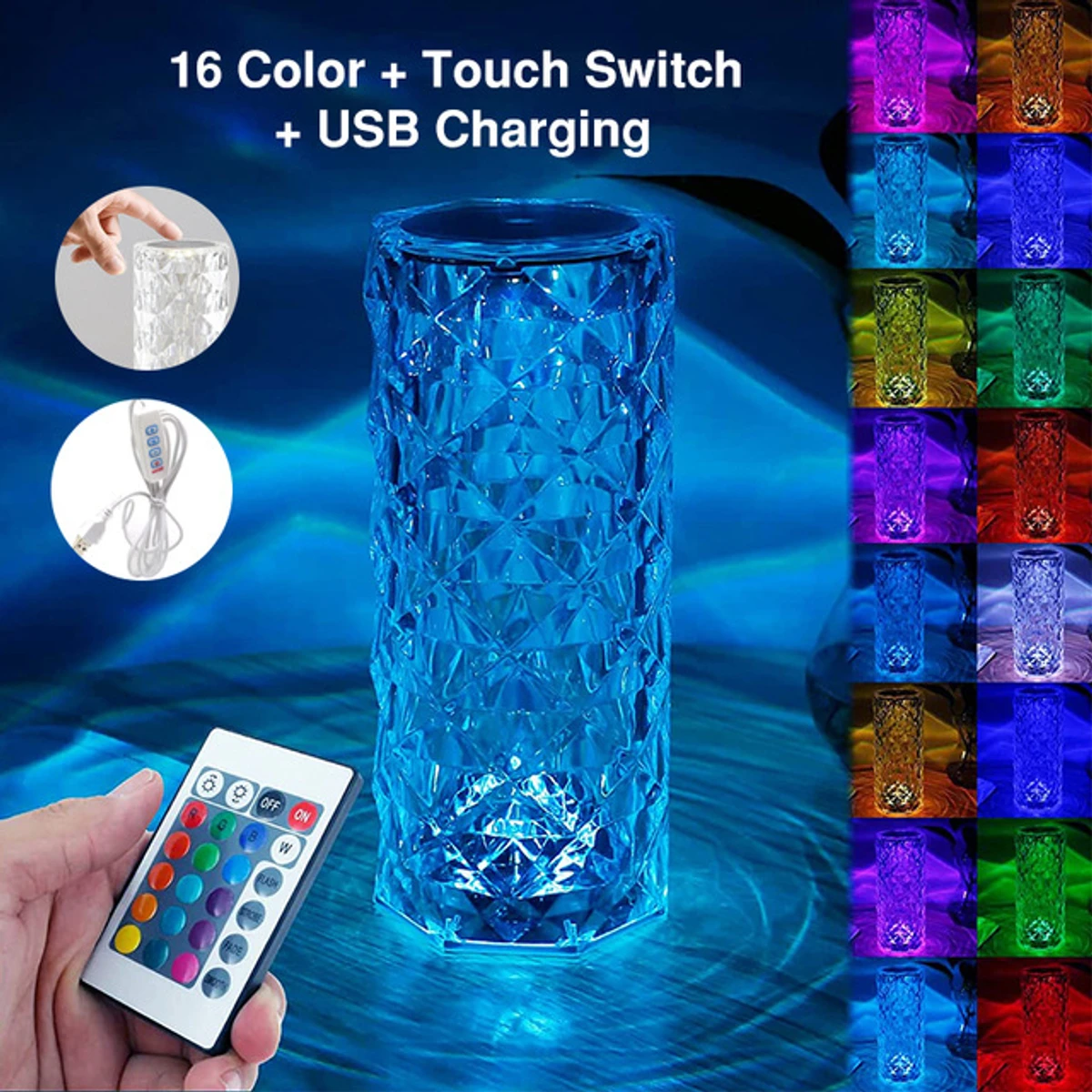 Rose Diamond Table Lamp RGB Atmosphere Light USB Charging Torch Lamp 16 Color
